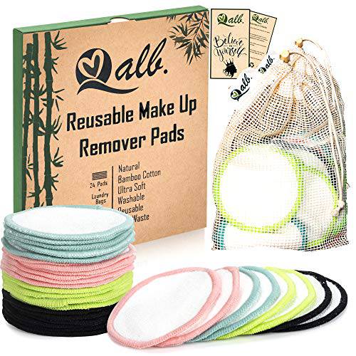 Qalb Makeup Pads Reusable Cotton Rounds 24 Pack - 100% Organic Bamboo Washable Makeup Remover Pads and Facial Wipes for All Skin Types - Extra Soft Eco-Friendly Cotton Pads for Face with Laundry Bag
