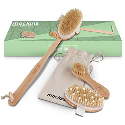 Nevlers Natural Boar Body Brush Set with Detachable Cellulite Brush , Long Wooden Handle for Dry Brushing and Face Brush | Perfect Kit to Exfoliate and Alleviate
