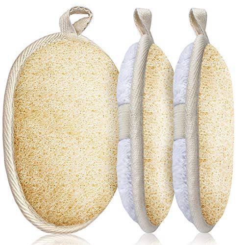 3 Packs Exfoliating Loofah Sponge Pads,Large 5”x 7”-100% Natural Luffa and Terry Cloth Materials,Premium Loofa Sponge Scrubber Body Glove Close Skin for Men and Women,Perfect for Bath Spa and Shower