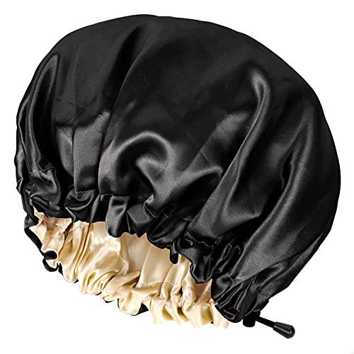 CHORHA Satin Sleep Cap,Double-Sided Adjustable Sleep Bonnet,Bonnet Cap for Sleep Black