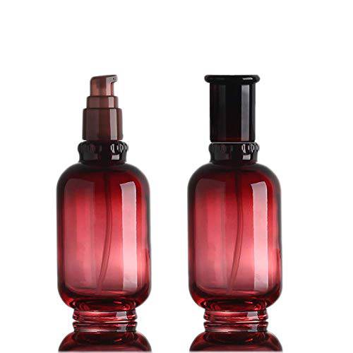2pcs 1.7oz Glass Lotion Bottle Pump Bottle Empty Cosmetic Sample Containers for Emulsion Essence Massage Oil with Plastic Pressure Pump Head and Lid (Wine Red)