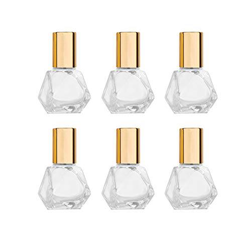 5ml(1/6oz) Shaped Glass Roller Bottle For Essential Oils,Mini Glass Bottles With Stainless Steel Roller Balls,Gold Aluminum Caps Portable Roll-On Vial Aromatherapy Perfume Container-Pack of 6