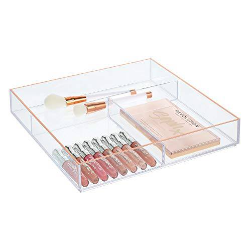 mDesign Plastic Drawer Organizer, Square Storage Container for Cosmetics, Makeup, and Accessories on Vanity, Countertop, Bathroom, or Cabinet - Lumiere Collection - Clear/Rose Gold