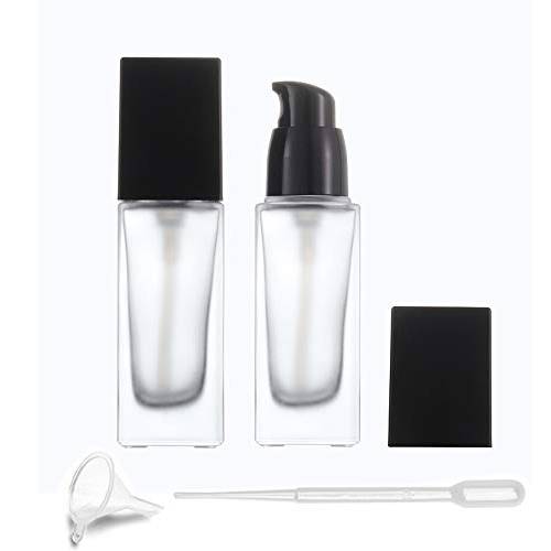 2 Pack 30ml/1 Oz Frosted Glass Foundation Bottle,Empty Refillable Square Lotion Bottle With Press Pump for Lotion Liquid Body Cream Cosmetic Travel Foundation Samples Vials-Pipette&Funnel Included