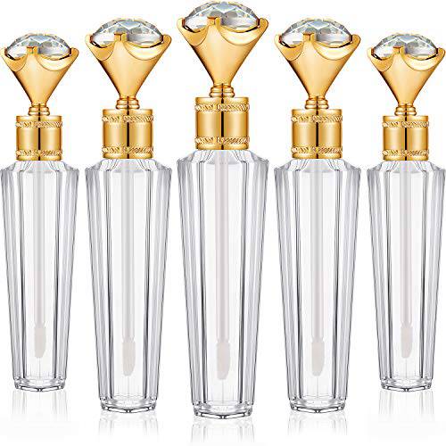 15 Pieces Mini Lip Gloss Tube Clear Faux Diamond Wand Empty Plastic Lip Balm Tube Bottle Container Refillable with 3 Pieces Plastic Funnels Reusable Applicator Dispenser Makeup Lip Gloss DIY (Gold)
