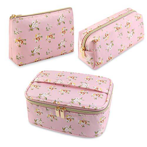 MAGEFY 3Pcs Makeup Bags Portable Travel Cosmetic Bag Waterproof Organizer for Purse with Gold Zipper Cute Toiletry Bags for Women (Flower Pink)