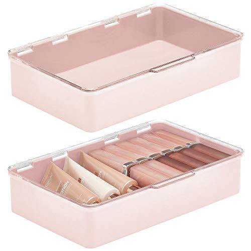 mDesign Long Plastic Cosmetic Storage Organizer Box Containers with Hinged Lid for Bedroom, Bathroom Vanity Shelf or Cabinet, Holds Masks, Palettes, Lotion, or Nail Polish, 2 Pack - Light Pink/Clear
