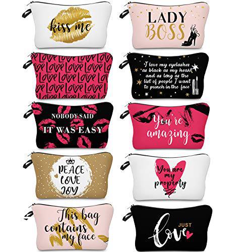 10 Pieces Letters Makeup Bags Cosmetic Pouch Travel Zipper Cosmetic Organizer Toiletry Bag Printing Pencil Bag for Women Girls Supplies Christmas Gift (Black, Gold and Pink Style)