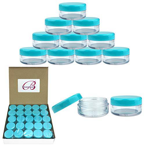 50 Empty 5 Grams Acrylic Clear Round Jars - BPA Free Containers for Cosmetic, Lotion, Cream, Makeup, Bead, Eye shadow, Rhinestone, Samples, Pot, Small Accessories 5g/5ml (Teal Lid)