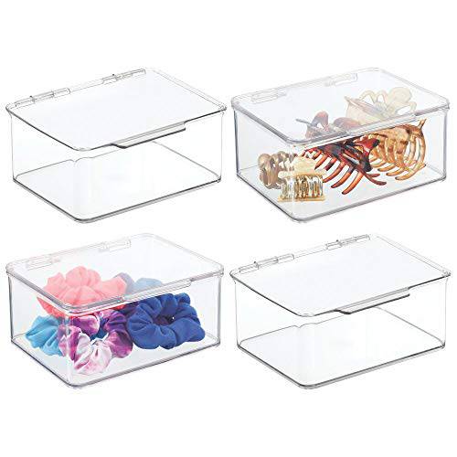 mDesign Plastic Stackable Square Storage Bin, Drawer Organizer with Secure Lid, Container Box for Organizing Hair Brushes, Combs, Sprays, Nail Supplies, Makeup, Cosmetics, Blenders, 4 Pack - Clear