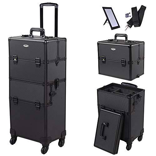 BYOOTIQUE Rolling Makeup Train Case 2 in1 Large Storage Cosmetic Trolley with Storage box Lockable Aluminum Makeup Travel Case for Travel Salon Trolley Cosmetics Hairdressing (Classic Black)