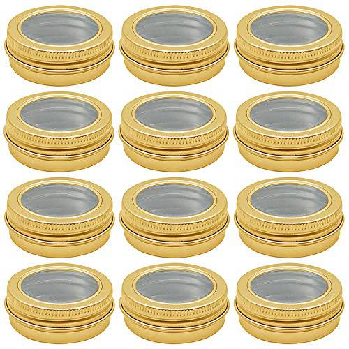 2 Ounce Aluminum Tin Jar 60 ml Refillable Containers Clear Top Screw Lid Round Tin Container Bottle for Cosmetic ,Lip Balm, Cream, 12 Pcs Gold Color.
