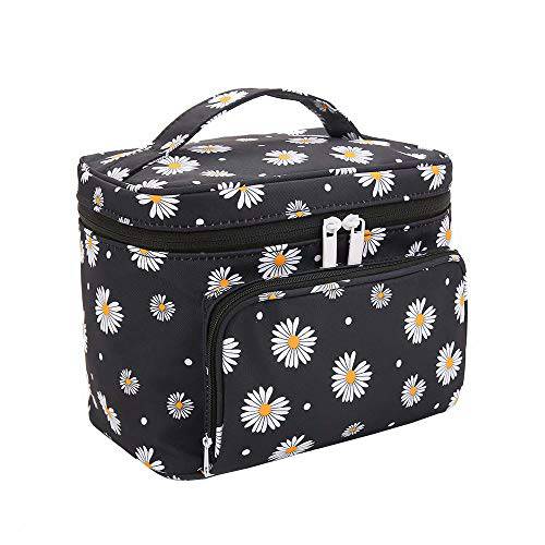 HOYOFO Makeup Bags for Women Large Cosmetic Bags with Brush Holders Travel Make up Bag, Black Daisy