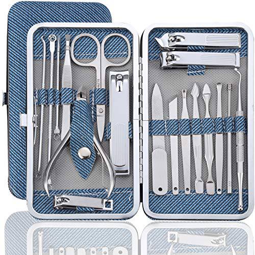 Manicure Kit Nail Clippers Set Professional Pedicure Stainless Steel Black 18 Pieces Grooming Care Set Scissors Cutter Ear Pick Tweezers Scissors Eyebrow file for Man&Women Gift (Blue_18 pieces)