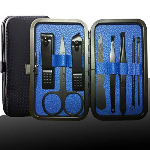 Manicure Kit Nail Clippers Set Stainless Steel Professional Pedicure Black 8 in 1 Grooming Nail Scissors Cutter Ear Pick Tweezers Scissors Eyebrow Nail file for Man&Women gift (black/blue_8in1)