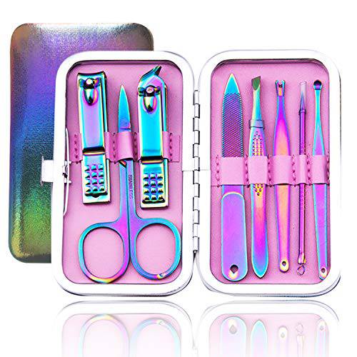 DAYELAA Manicure Set Nail Clippers Pedicure 18 Pieces Stainless Manicure Kit Professional Grooming Care Tools Nose Hair Scissors Nail File. Best Gift with Luxurious Case (Dazzling color_8 pieces)