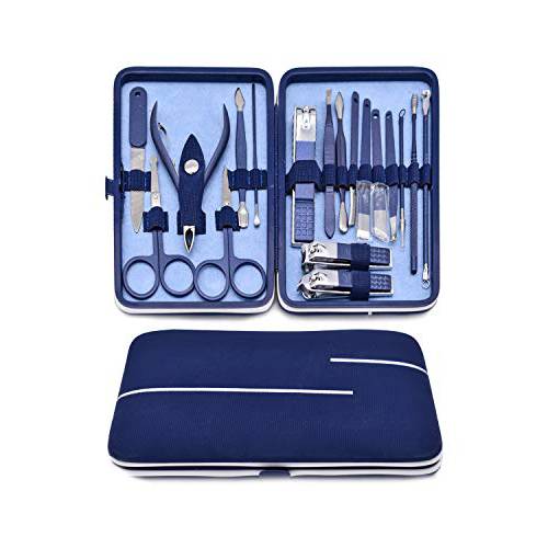 ATENTO Premium Manicure Set Nail Clippers Pedicure Kit, 18 Pcs Stainless Steel Manicure Kit, Professional Nail Care Tools Fingernail Clippers Grooming Kits, Nail Set Kit for (Blue)