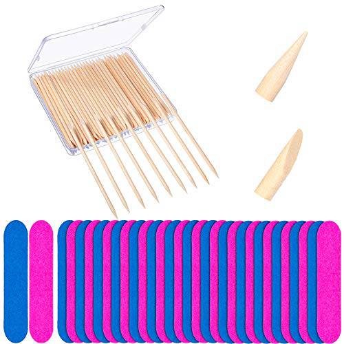 200 Pieces Nail Art Pedicure Tools, Include 100 Pieces Wooden Cuticle Sticks and 100 Pieces Mini Nail Files Disposable for Women, Plastic Case Package (5 cm, Black, Silver)