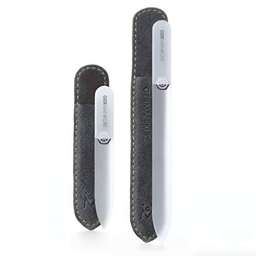 GERMANIKURE Gray Glass Nail File Set in Suede Cases - Ethically Made in Czech Republic - 2pc Fingernail File & Small Travel Nail File - Professional Manicure & Pedicure Kit for Natural Nails