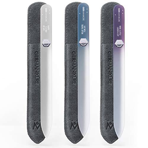 GERMANIKURE Czech Crystal Glass Nail File 3 Pack in Suede Leather Case - Professional Manicure & Pedicure Products for Smooth Easy Shaping of Natural Nails