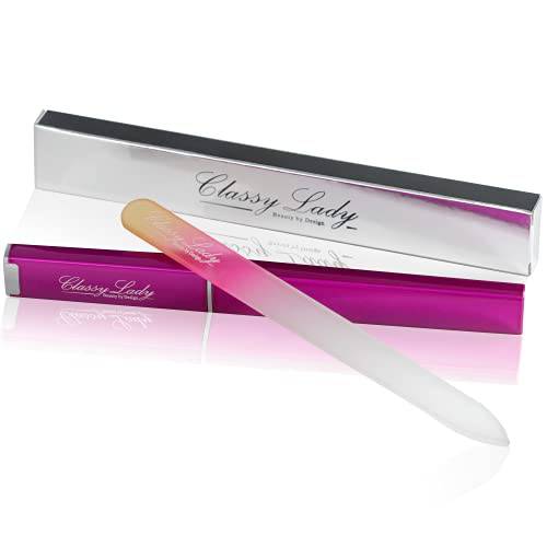 ClassyLady Glass Nail File - Crystal Nail File for Natural Nails, Filing Board for Professional Fingernail Care and Smooth Precise Filing, Easy to Clean - Yellow/Pink with case