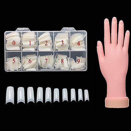 krofaue 500pcs French Coffin Fake Nails Haft Cover Fase Nail Tips with BOX + Practice Nail Hand Model Movable Flexible Fake Right Hand for Nail Tips Art Salons and Home Training DIY (Natural)