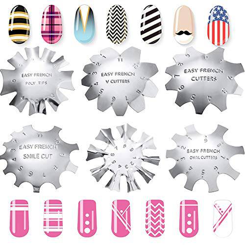 6 Pieces Nail Manicure Edge Trimmer DIY Plate Module, Stainless Steel Easy French Smile Line Gel Cutter Tool, Nail Art Decoration Tool Kit (6 Patterns)