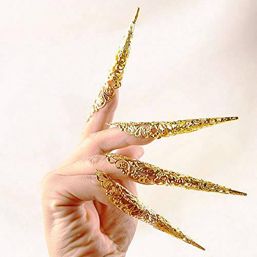 SPDD 5pcs Ancient Queen Fingernail Claw Nail Rings Set,Queen Costume Claws Knuckle Finger Ring Finger Tip Protection Belly Dance Accessories(Gold)