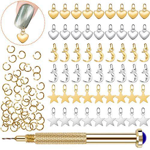 PAGOW 155 PCS Dangle Nail Art Charm, Nail Jewelry Rings with Nail Piercing Tool Hand Drill for Tips, Acrylic, Gels and Decorations