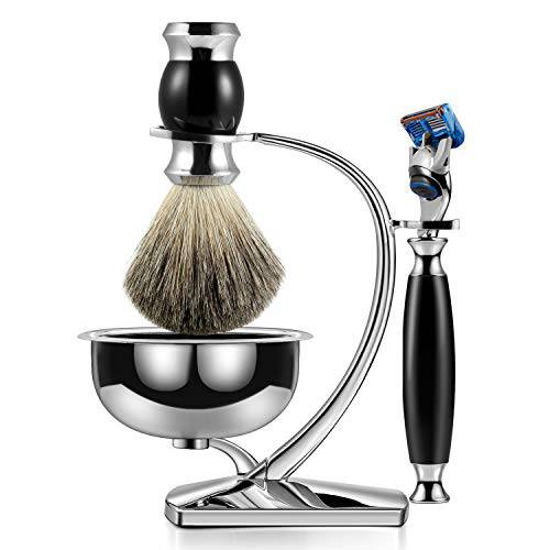 GRUTTI Gift for Father’s Day Premium Shaving Brush Set with Luxury Badger Brush Stand and Brush holder for Soap Bowl and Manual Razor Compatible with Fusion 5