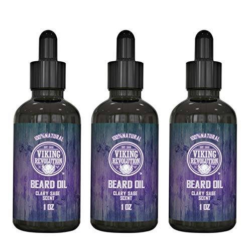 Viking Revolution Beard Oil Conditioner - All Natural Clary Sage Scent with Argan & Jojoba Oils - Promotes Beard Growth - Softens & Strengthens Beards and Mustaches for Men (3 Pack)