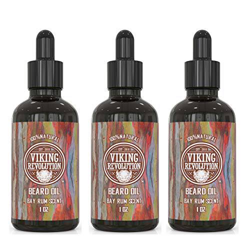 Viking Revolution Beard Oil Conditioner All Natural Bay Rum Scent Argan & Jojoba Oils - Promotes Beard Growth - Softens & Strengthens Beards and Mustaches for Men (Bay Rum, 3 Pack)