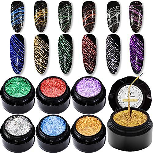 U-Shinein Reflective Spider Gel, 6 Colors Glitter Liner Nail Polish Painted Gel, Spider Gel Diamond Wire Drawing for Nails Glossy Sparkly UV/LED Salon DIY Manicure Nail Art Use