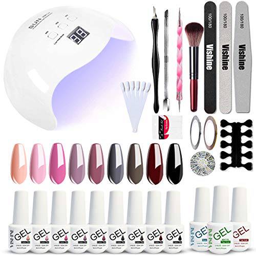 Vishine Gel Nail Polish Starter Kit with 40W UV LED Nail Lamp, 9 Pretty Colors Gel Polishes, No Wipe Top Coat, Base Coat & Matte Top Coat with Essential Nail Art Manicure Tools Set
