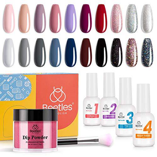 Beetles 20Pc Dip Powder Nail Kit Starter, Modern Muse Collection Dipping Powder Set Nude Gray Pink Blue Glitter for Nail Art Manicure with Base Top Coat Activator Brush Saver Gift Box