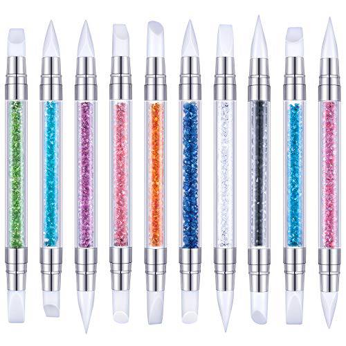 10 Pieces Nail Art Acrylic Pen Dual Tipped Silicone Rhinestone Nail Polish Carving Pen Silicone Head Acrylic Handle Nail Art Brushes Manicure DIY Brush Dotting Tools for Home Salon