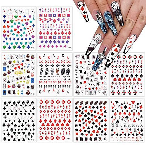 EBANKU 10 Sheets Poker Nail Art Stickers Decals, Playing Card Style Nail Stickers Numbers Letter Graphics Nail Accessories for Women Girls Nail Art DIY Design Decoration