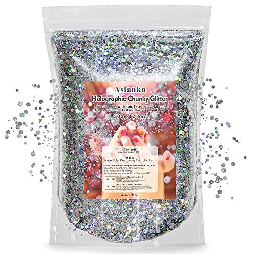 Aslanka Silver Holographic Chunky Glitter, Large Bluk 500g Craft Glitter for Resin, Tumbler Crafts Making, Cosmetic Grade Sparkle Glitter for Face, Eye, Nails, Party Festival Etc.