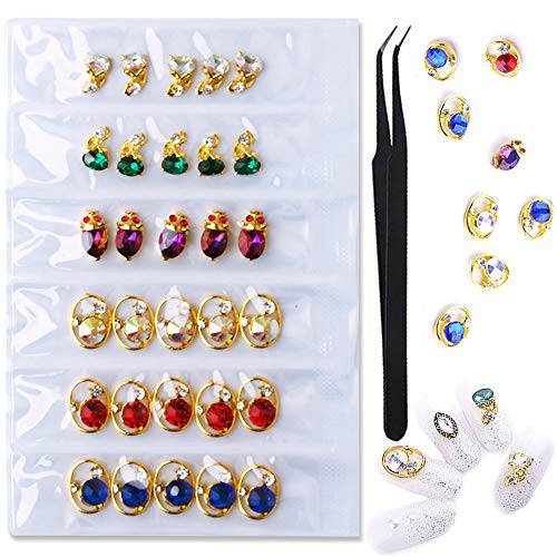 WOKOTO 30 Pcs Nail Art Jewelry Decoration Set Large Mix-Color Nail Gem And Crystals Manicure Stones Kit With 1Pc Tweezers And Picker Pencil