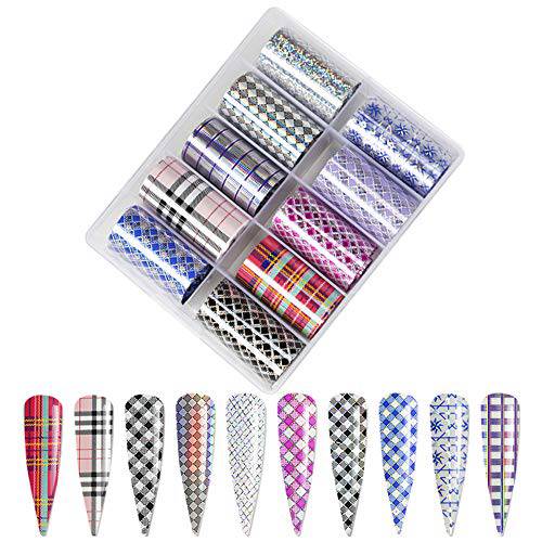 Nail Art Foil Transfer Stickers, Buffalo Plaid Design Nail Foil Adhesive Decals, Laser Plaid Decals Foil Stickers Set Nail Tips Manicure Women and Girls Nail Art DIY (10 Rolls Mix Styles)