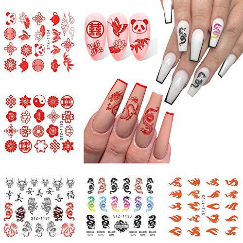 Chinese Character Dragon Nail Stickers 5 PCS Panda Flame Tai Chi Chinese Knot Design Nail Decals Water Transfer DIY Nail Art Wraps Manicure Tips Decorations