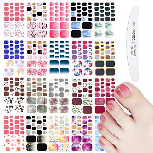 WOKOTO 20 Sheets Gradient Toe Nail Polish Strips and Stickers and 1 Nail File Kit Colorful 22 Tips Per Sheet Glitter Toenail Nail Polish Stickers Wraps for Women Nail Salon Manicure Set