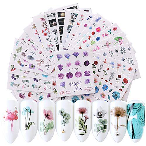 Flower Nail Art Stickers Nail Decals Supplies 24 Sheets Assorted Patterns Blossom Flower Art Design Leaves Water Transfer Decals Decorations for Women DIY Acrylic Nail Accessories