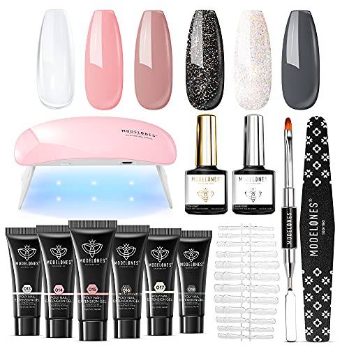 Modelones Poly Nail Extension Gel Kit - 6 Colors Poly Nails Gel Kit Nude Clear Black Pink All In One Kit Builder Glue Gel with Nail Lamp Base Top Coat Set Nail Forms French Manicure Set for Beginner Starter DIY at Home
