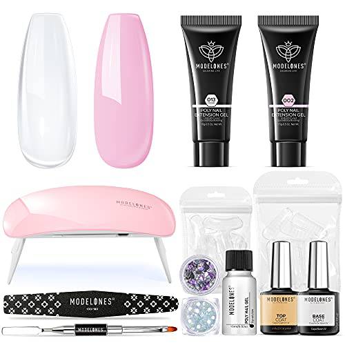 Modelones Poly Nail Gel Kit, 2PCS Poly Nail Gel Kit Nail Builder Extension Gel with Mini Nail Lamp Slip Solution Rhinestone Nail Manicure All-in-One Kit French Nail Art Design Beginner Kit Beauty Gift for Christmas New Year