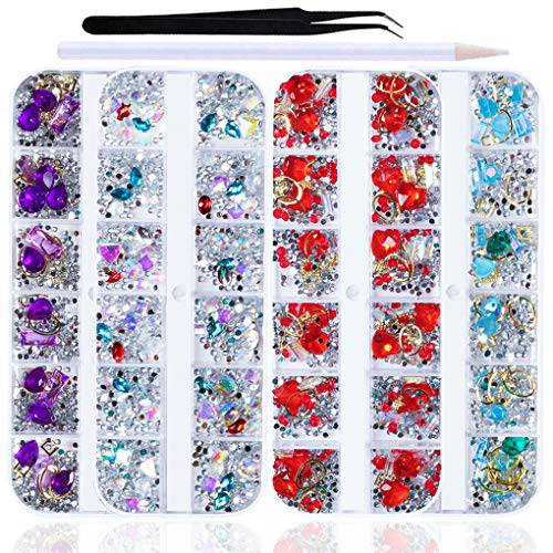 SILPECWEE 4 Boxes 3D Nail Art Rhinestone And Crystal Kit Metal Nail Studs Colorful Gem Manicure Jewelry Decoration With 1Pc Tweezers And Picker Pencil