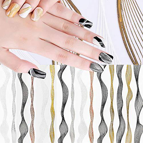 6 Sheets Metallic Nail Stickers, 3D Self-Adhesive Black White Gold Silver Stripe Wave Line Nail Decals Curve Stripe Lines Adhesive Striping Tape Nail Art Design for Women Girls