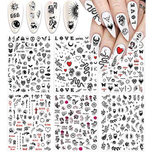 Snake Nail Art Stickers Decals Nail Art Supplies 3D Self Adhesive Nail Stickers Dark Skull Heart Cupid Angel Lips Ghost Nail Decals for Acrylic Nails Designs Manicure Tips Decoration (6 Sheets)