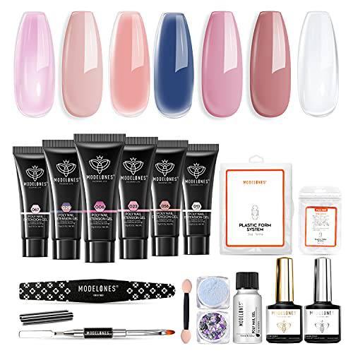 modelones Poly Nail Gel Kit- 6 Colors Enhancement Builder Gels Nail Extension Gel Kit with Slip Solution Trial Professional Technician All-in-One French Kit