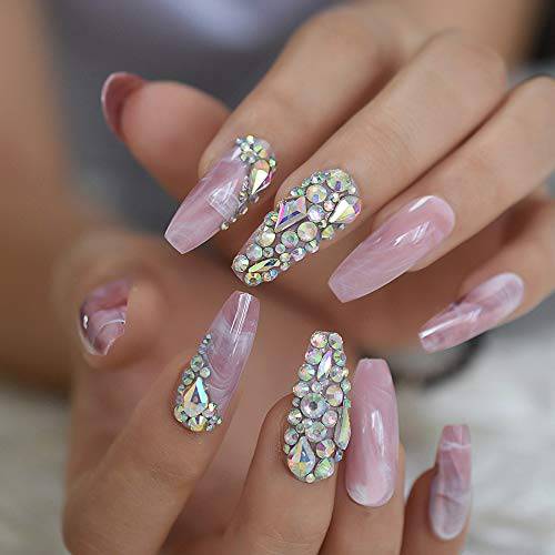 CoolNail Bling Jewelry Ballerina Coffin Press on False Fake Nails 3D Marble Pink Glossy Extra Long Salon Party Wear Full Cover Nail Tips
